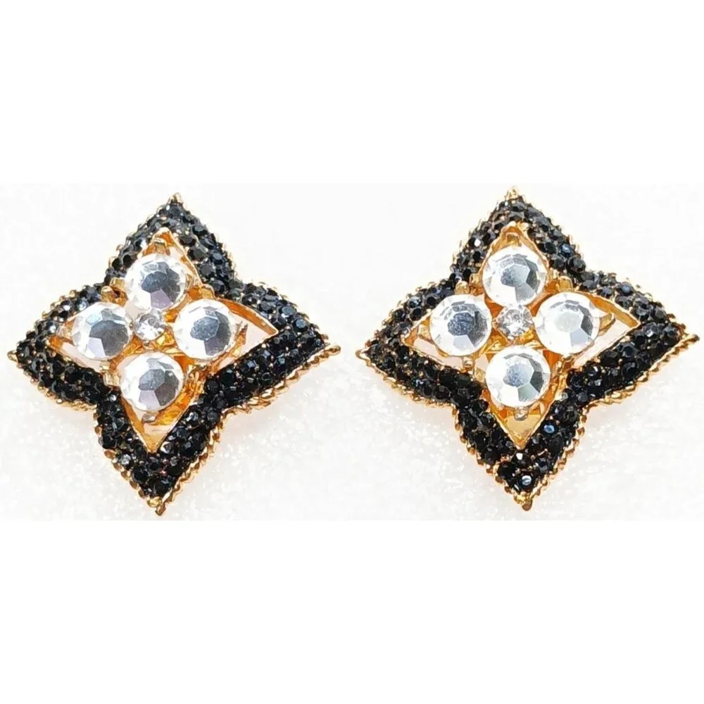 Jay Feinberg Signed Clip-On Earrings Gold Tone Rhinestone 80s - Picture 9 of 16